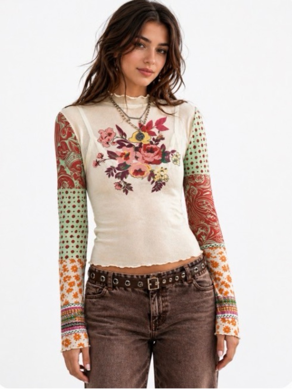Floral Patchwork Long Sleeve Tee - Cream/Multi